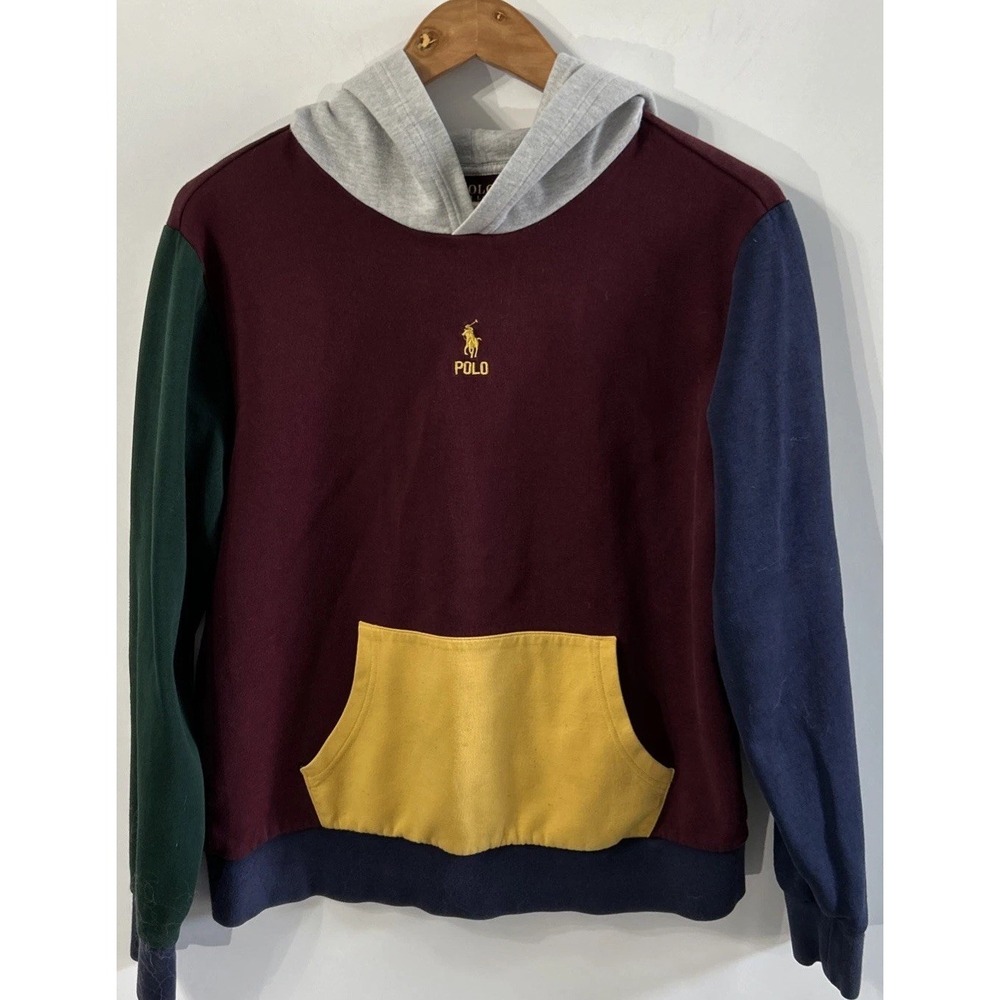 Boys Polo Ralph Lauren WINE COLORBLOCK Double Knit Hoodie GOLD PONY LOGO XL 18